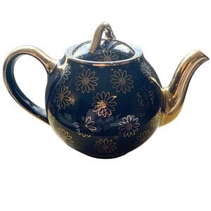 Vintage 1950s HALL 6 Cup Teapot (050) French Daisy Black & Gold Gilt Flowers VGC